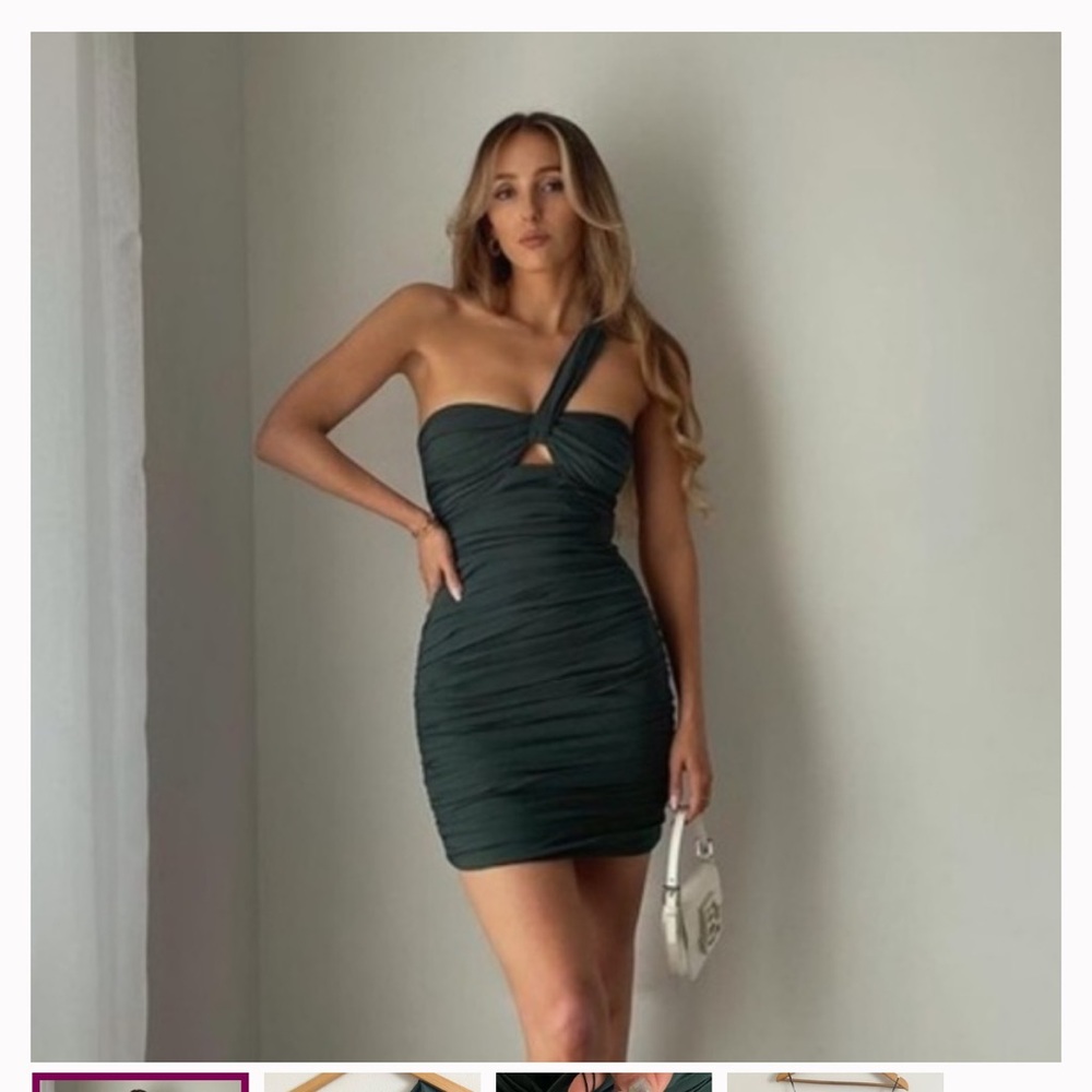 Zara Dark Green One-Shoulder Ruched Mini Dress